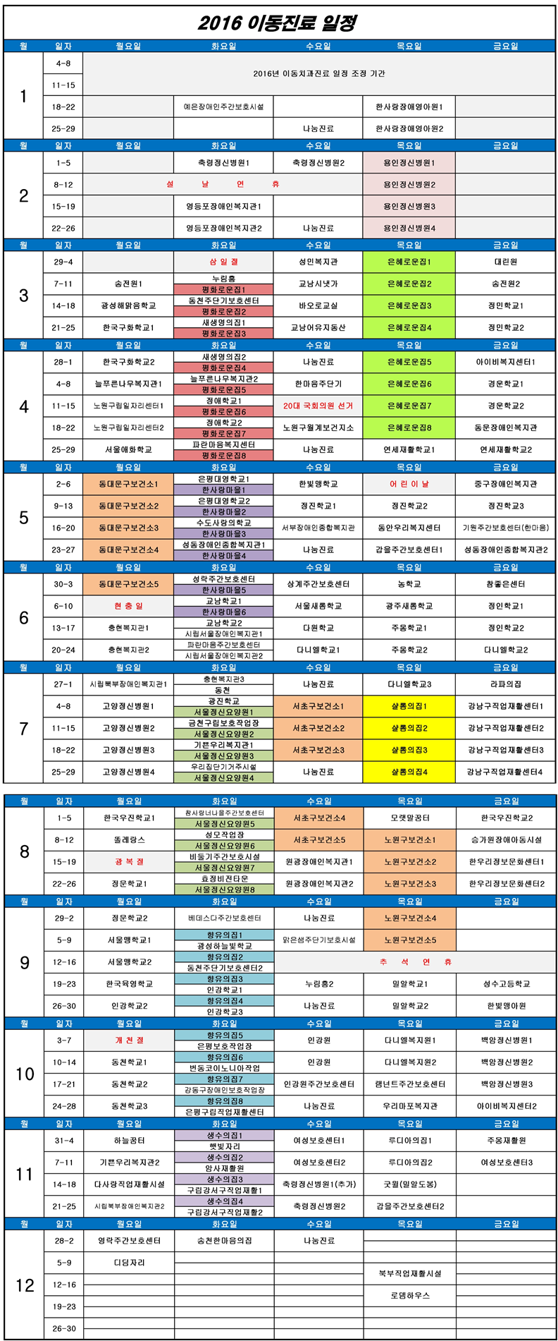 2016년 이동치과진료 연간 일정